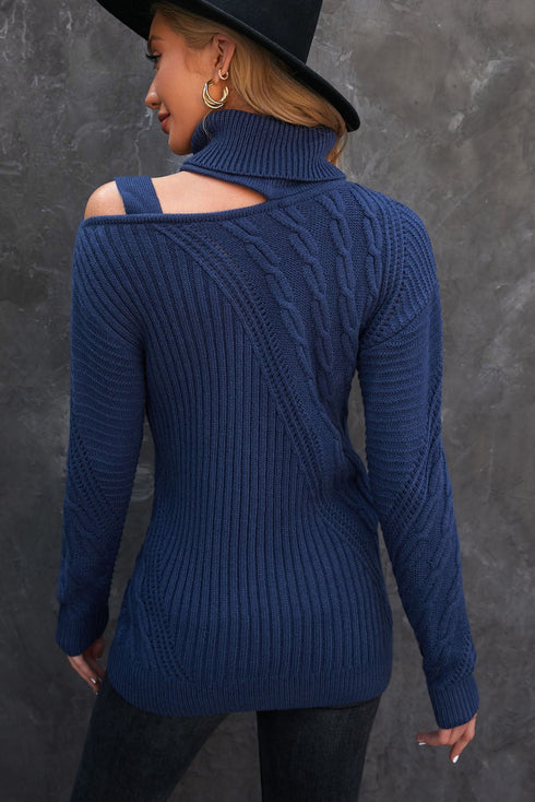 Strapped Cut Out Shoulder Turtleneck Sweater